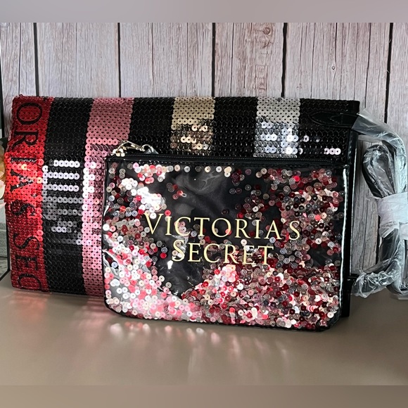 NEW VICTORIA'S SECRET BLING STRIPE SEQUINS CARRYALL TOTE & MATCHING WRISTLET SET - Picture 7 of 7